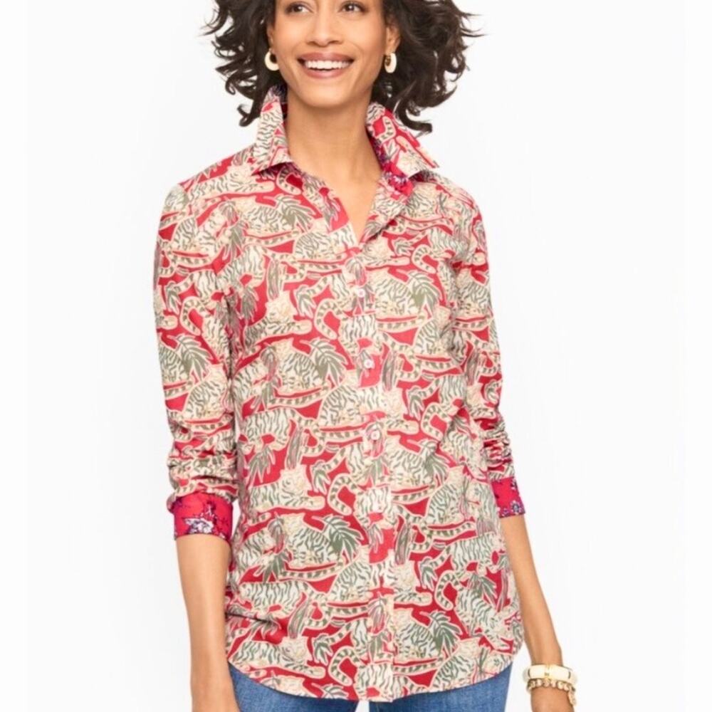 Talbots Grazing Tiger‎ Cotton Button Front Shirt Sz L Classic Casual Lightweight